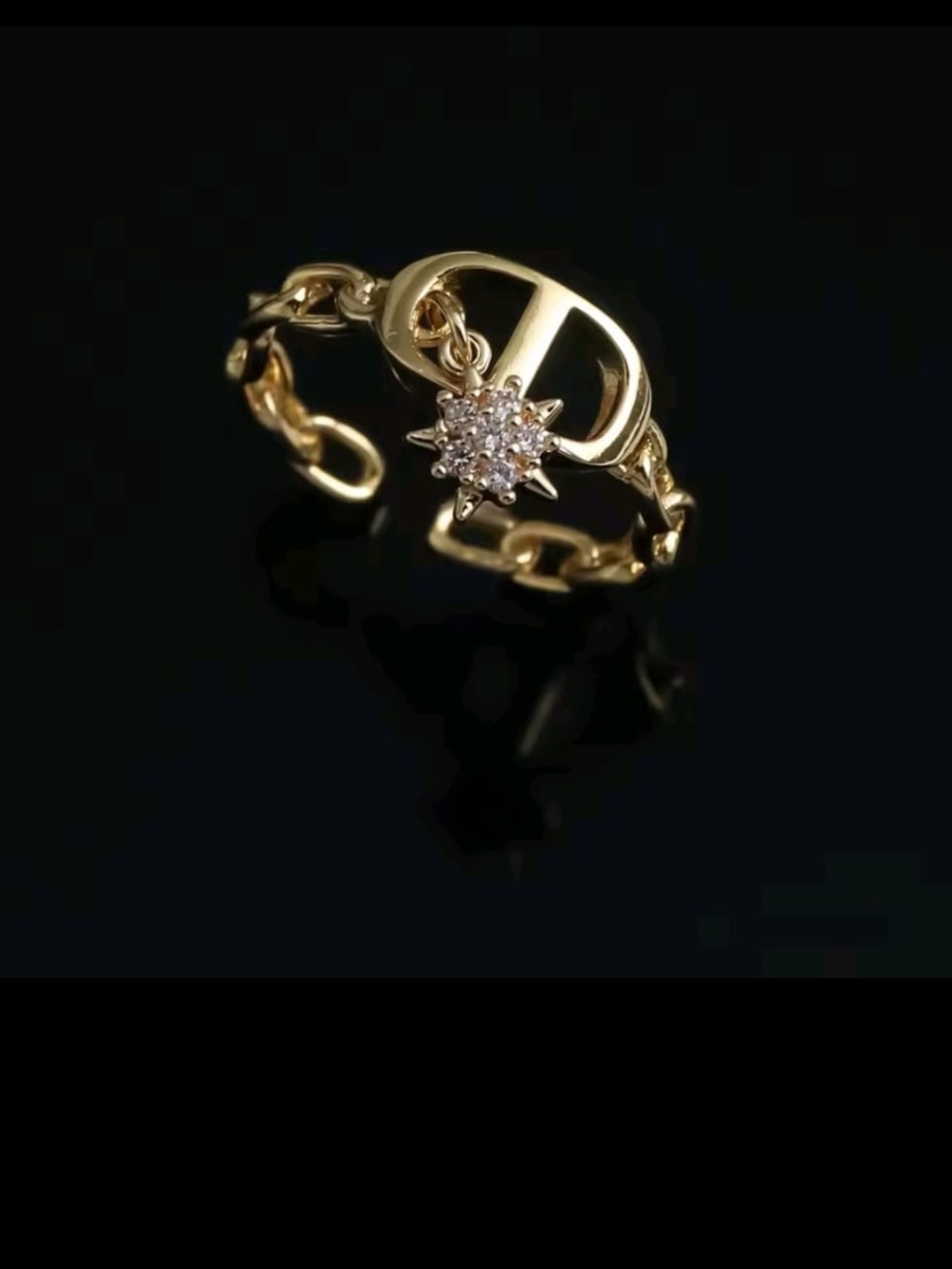 Gold Chain Link Ring with Starburst Cubic Zirconia Charm - Women's Jewelry